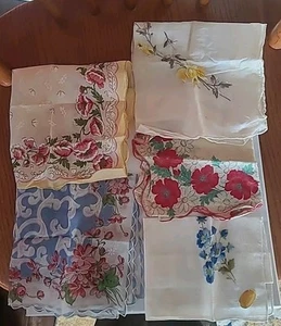 Hankerchiefs-lot Of 5, floral cotton In pink,yellow, red And blue Flowers - Picture 1 of 12
