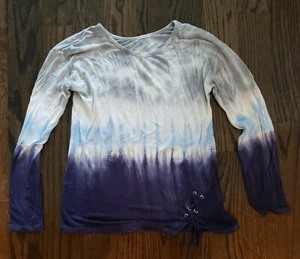 NWOT GIRLS JUSTICE NAVY WHITE GRAY OMBRE TIE DYE LONG SLEEVE TOP LACES - 10 - Picture 1 of 5
