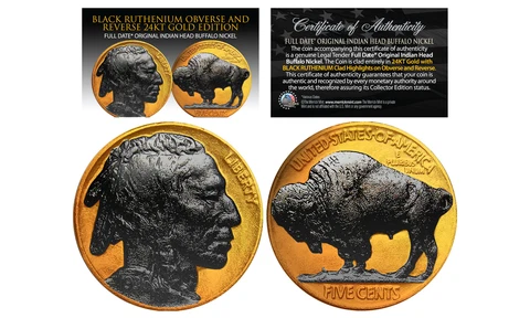 1930's 24K GOLD PLATED Indian Head Buffalo Nickel FULL DATE with BLACK RUTHENIUM Cover