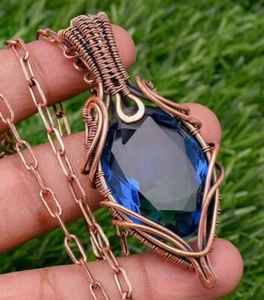 Blue Topaz Copper Wire Wrapped Handmade Jewelry Pendant Necklace - Picture 1 of 7