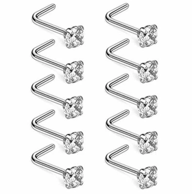 18G Surgical Steel Mix Color CZ L Shaped Nose Stud Rings Piercing Jewelry 10PCS - Image 1 of 4