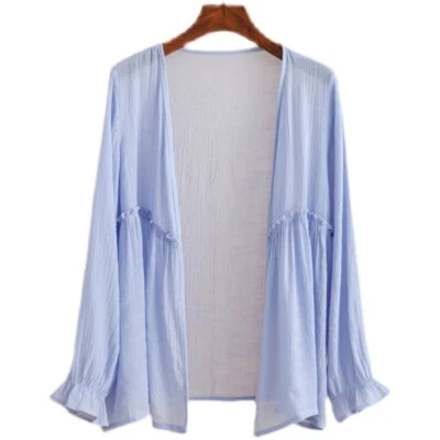 Damen Rüschen Langärmelig Strickjacke Offen Vorne Baumwolle Leinen Sommer Jacke - Bild 1 von 4