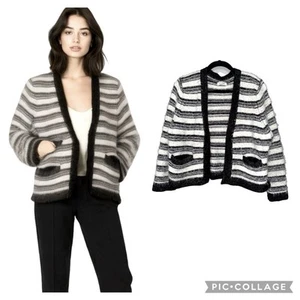 Calvin Klein Cardigan Blazer W Size XL Black White Striped Eyelash Cropped Open - Picture 1 of 7