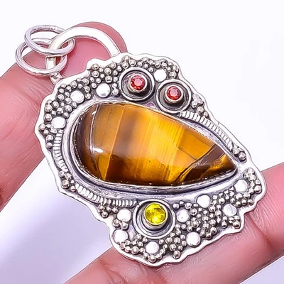 黄虎眼和粉红色黄玉宝石 925 纯银吊坠 2.15 英寸 A386 — 第 1/4 张图片