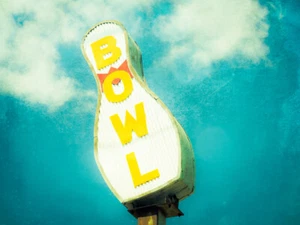 CANVAS 'Let' Bowl' Retro Bowling Pin Sign Art by Sonja Quintero (12x16) - Picture 1 of 1
