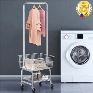 Heavy Duty 3-Tier Rolling Laundry Basket Cart W/Hanging Rod Bathroom Organizer - Picture 1 of 9