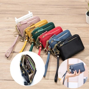 Slim Leather Double Zipper Womens Wallet Coin Card Holder Purse with Wrist Strap - Picture 1 of 41