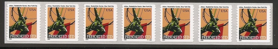 US Scott 3770 (10c) Atlas Statue PNC strip of 7, plate number V11222 - Image 1 of 1
