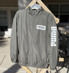 Puma Essentials Solid Light Windbreaker Full Zip Hooded Jacket Youth Large Grey - Picture 1 of 7