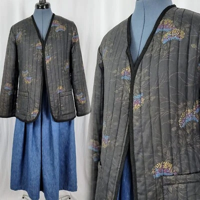 Vintage Bari Grey Quilted Jacket w Silver/Blue/Purple Florals Size Medium - Image 1 of 4