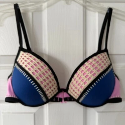 Biquíni Victoria's Secret Flirt crochê push-up natação - Tamanho 34D - Azul/rosa - Imagem 1 de 4