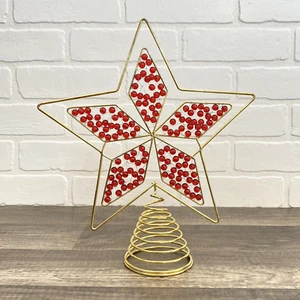 Topper albero di Natale vintage filo oro perline rosse avvolto a forma di stella - Foto 1 di 11