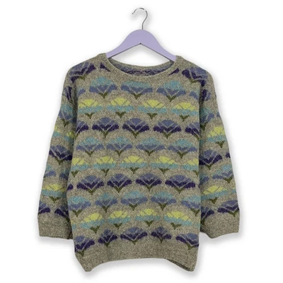 Maglione Vintage grigio e blu a fantasia a girocollo 100% lana - Taglia M/L donn - Immagine 1 di 4