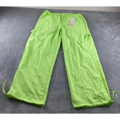 NO BOUNDARIES Womens Parachute Cargo Pants Neon Green Drawstring Waist L 12 14 - Image 1 of 4