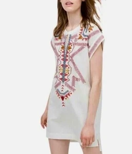 ZARA Dress Small Ivory Aztec Embroidered Linen Cotton Kaftan Tunic Mini - Picture 1 of 15