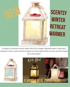 Scentsy WINTER RETREAT Warmer NEW Glowing Lantern RUSTIC BARN WOOD etched glass - Picture 1 of 6