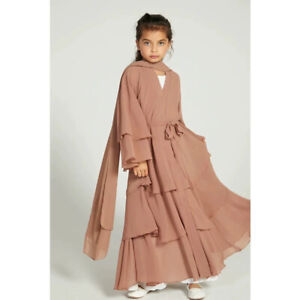 Kids Girls Chiffon Long Dress Abaya Muslim Girls Evening Robe Party Kaftan Arab