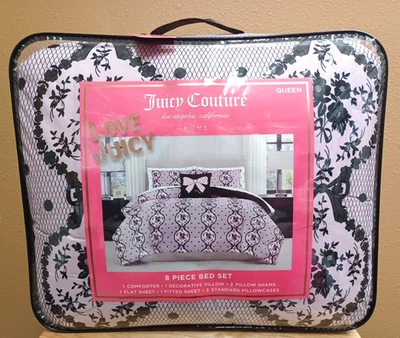 Juicy Couture 8-piece Floral QUEEN Comforter Bed Set Pink & Black Coquette Bows - Image 1 of 4
