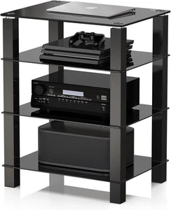 Hifi Rack AV Shelf 4-Tiers Glass TV Stand with Tempered Glass Media Storage - Picture 1 of 7