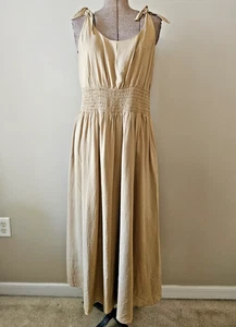 American Eagle Khaki Smocked Lined Midi Dress Shoulder Ties XL - Picture 1 of 11