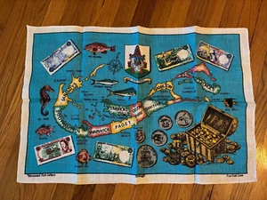 Vtg Map of BERMUDA & Currency/Treasure/Fish Colorful Tea Towel Pure Irish Linen - Picture 1 of 9