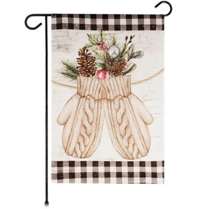 G128 Garden Flag Christmas Decoration Mittens with Evergreen Arrangement 12"x18" - Picture 1 of 8