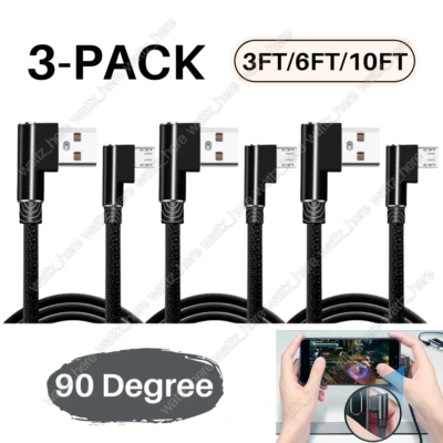 3-Pack 90 Degree Right Angle Micro USB Cable Fast Charger 3/6/10FT For Samsung - Image 1 of 4
