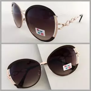 NEW CLASSY RETRO Round Style SUN GLASSES Brown Frame Gradient Lens GOLD TEMPLES - Picture 1 of 6