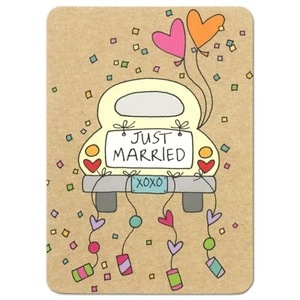 Cute WEDDING CONGRATULATIONS Card, Just Married Car by Susan Allen + Envelope - Picture 1 of 6