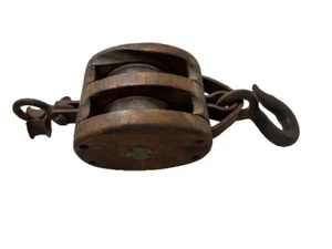 Vintage Double Sheave Wood Block Pully - Big Ship Salvage - Picture 1 of 7