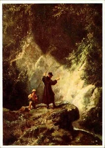 Künstlerkarte Hermes Bildkarte Kunst Künstler Carl Spitzweg "Angelnder Mönch" - Picture 1 of 2