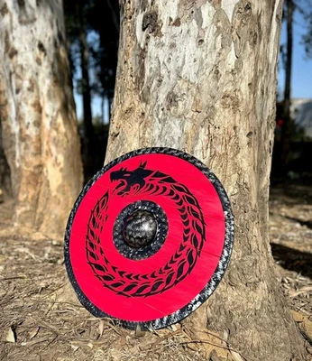 Medieval Viking Dragon Wolf Shield 24" Wooden Steel Battle Warrior Decor Gift - Image 1 of 4