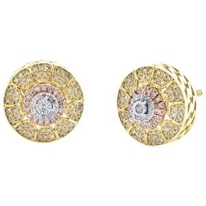 10K Tri-Color Gold Real Diamond 11mm Tier Geometric Circle Stud Earrings 0.22 CT - Picture 1 of 5