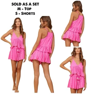 Surf Gypsy Hot Pink Clipped Metallic Shorts & Matching Flutter Shorts SET $138 - Picture 1 of 16