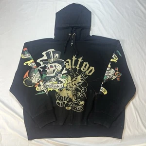 Vintage Y2K Ablanche Hoodie Mens 3XL Full Zip Tattoo Skull Rhinestone Streetwear - Picture 1 of 22