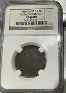 1859 CANADA 1 CENT QUEEN VICTORIA NGC XF 40 BN NARROW 9 BRONZE - Picture 1 of 2