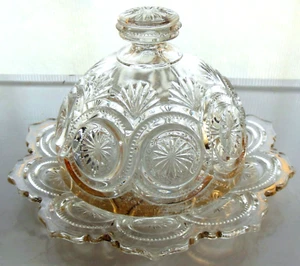 U. S. Glass Clear Gold Edge Star In Bull's Eye Round Butter Dish - Picture 1 of 15