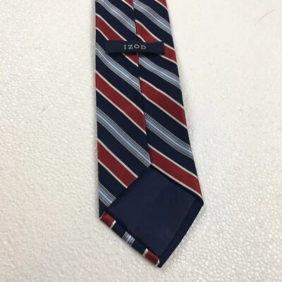 Izod Men's Dress Necktie 100% Silk Red White Blue Diagonal Striped  - Image 1 of 4