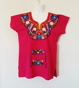 Mexican Womens Blouse Size M Hot Pink Embroidered Flowers Peasant Boho Top - Picture 1 of 5