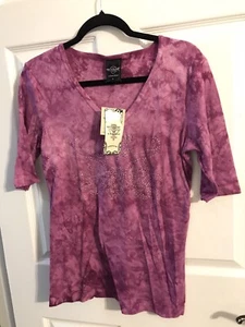 Sledge USA Top Womens Size L Pink Tie Dye Rhinestone V-Neck Embellished Tee-NWT - Picture 1 of 10