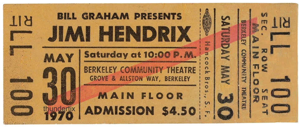 1 1970 JIMI HENDRIX UNUSED FULL CONCERT TICKET Berkeley Calif. laminated reprint - Image 1 of 1