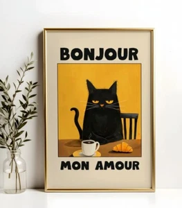Poster Le Chat Noir Yellow Bonjour Mon Amour Black Cat Poster, gift for fans - Picture 1 of 8