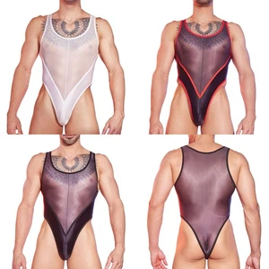Mens Bodysuit Swimsuit Nightwear Costume Sleepwear Leotard Underwear Sheer Sexy - Picture 1 of 48