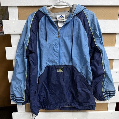 Vtg 90s Adidas Pullover Hoodie Windbreaker L Blue Yellow Hip Hop Y2K Streetwear - Image 1 of 4