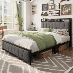 Queen Size Bed Frame with 2 Storage Drawers and Charging Station, Rustic Line... - Picture 1 of 7