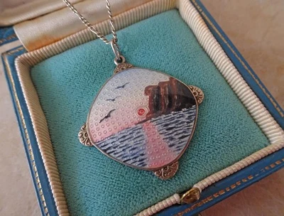 KS NORWEGEN SKANDINAVISCHE SILBER & GUILLOCHIERTE EMAILLE HALSKETTE Klippen & Mitternachtssonne - Bild 1 von 4