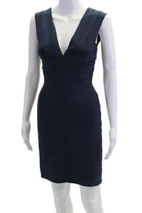 Herve Leger Womens Back Zip Sleeveless V Neck Mini Bodycon Dress Navy Size Small - Picture 1 of 9