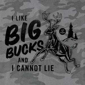 NWT Men's Life Is Good I Like Big Bucks Deer Hunting Gray Camo SS Crusher Tee - Picture 1 of 3