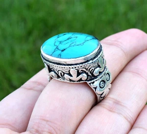 Green Turquoise Stone Kuchi Ring Tribal Oval Ethnic Bohemian Boho Jewelry Tower - Picture 1 of 8