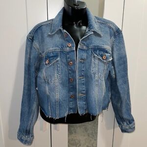 Free people we the free oversized crop cropped distressed denim jean jacket XS S